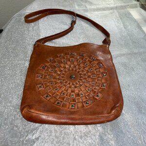 Vilenca Holland Cognac Leather Cross body Shoulder Bag Silver Gunmetal Details
